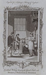 Kardinal Wolsey, Büyük Mührü Norfolk ve Suffolk Düklerine Bırakıyor (gravür) by Samuel (after) Wale