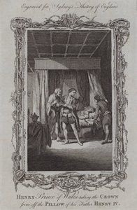 Galler Prensi Henry, babası IV. Henry'nin yastığından tacı alıyor (gravür)