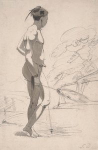Bir Peyzajda Tswana Adamı Holding ve Devekuşu Tüyü Yelpazesi by Samuel Daniell