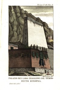Kugopea adı verilen dini yapıyla birlikte Tessaling Lama'nın meskeni. Teğmen Samuel Davis'in çizimi, Yüzbaşı Samuel Turner'dan (1759-1802) Tibet'teki Teshoo Lama Sarayı'ndaki Büyükelçiliğin Açıklaması 1800. Dell'Acqua ha tarafından 