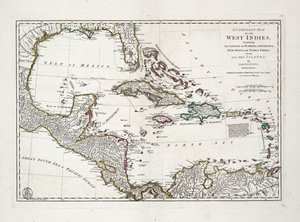 Tüm adalarla birlikte Florida, Louisiana, Yeni İspanya ve Terra Firma kıyılarını içeren eksiksiz bir Batı Hint Adaları haritası by Samuel Dunn