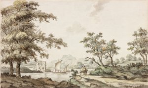 Yelkenli Tekneler ve At ve Arabalı Bir Nehir (mürekkep (siyah) ve kağıt üzerine sulu boya) by Samuel Henry Alken