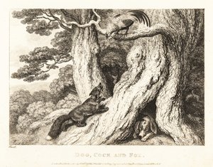 Köpek uyurken, ağaçtaki horoz tilkiyi kurnazlıkla alt eder. 1811 (gravür) by Samuel Howitt