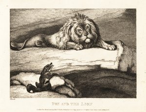 Bir tilki, ininde aptalca bir erkek aslana yaklaşıyor. 1811 (gravür) by Samuel Howitt