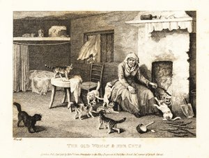 Kedilerle çevrili bir kulübede ocağın başında oturan yaşlı cadı. 1811 (gravür)
