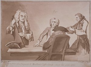 Dört adam Russell Street'teki Button's Coffee House'da bir masanın etrafında dönüyor, Westminster, c.1720 (aquatint) by Samuel Ireland