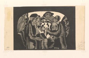 Bir yaydaki figür grubu Vizyoner hayal gücü: bir yay şeklinde çevrelenmiş figür grubu, üst merkezde şapka takan önden bir adam by Samuel Jessurun de Mesquita (signed by artist)