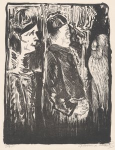 Fantezi: solda, sağda şapkalı iki figür, sağda tüyleri olan çizik bir görünüm by Samuel Jessurun de Mesquita
