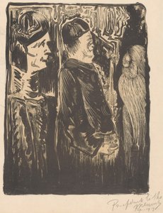 Fantezi: solda, sağda şapkalı iki figür, sağda tüyleri olan çizik bir görünüm by Samuel Jessurun de Mesquita