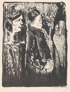 Fantezi: solda, sağda şapkalı iki figür, sağda tüyleri olan çizik bir görünüm by Samuel Jessurun de Mesquita