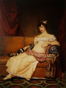 Leydi Waterhouse İspanyol köpeğiyle kanepede oturuyor (kağıt üzerine suluboya)