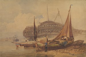 Ön Planda Sahildeki Teknelerle Sahil Manzarası, 19. yüzyılın ortaları. by Samuel Prout