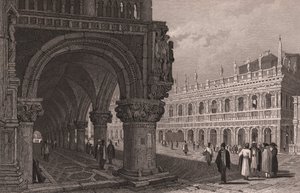 Doge Sarayı'nın (Palazzo Ducale) pasajının St Mark's Meydanı ve Kütüphane Sarayı manzaralı önden kısaltılması, Venedik, Veneto, İtalya, Samuel Prout'un (1783-1852) çiziminden sonra çelik gravür, yaklaşık 15x11,5 cm by Samuel Prout