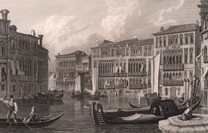 Ca' Giustinian ve Ca' Foscari'nin (Foscari Sarayı) Grand Canal'dan (Canal Grande) görünümü, Venedik, Veneto, İtalya, Samuel Prout'un (1783-1852) çizdiği çelik gravür, yaklaşık 15x11,5 cm by Samuel Prout