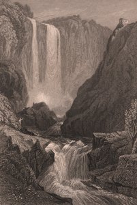 Terni, Umbria, İtalya yakınlarındaki Marmore Şelalesi'nin (Cascata delle Marmore) görünümü, Samuel Prout (1783-1852) tarafından çizildikten sonra çelik gravür, yaklaşık 15x11,5 cm by Samuel Prout