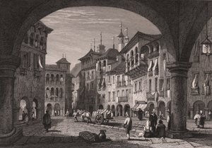 Domodossola, Piedmont, İtalya'daki pazar meydanının görünümü, Samuel Prout'un (1783-1852) bir çiziminden çelik gravür, yaklaşık 16x11 cm by Samuel Prout