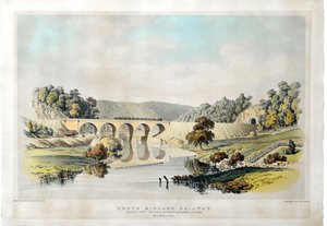 Derwent Nehri üzerindeki Kuzey Midland Demiryolu Köprüsü ve Amber Kapısı yakınındaki Matlock Yolu. 1840 (kağıt üzerine el renkli taşbaskı) by Samuel Russell