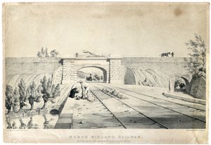 Bull Bridge#39;deki Cromford Kanalı#39;nın altındaki Kuzey Midland Demiryolu Köprüsü c1840 (kağıt üzerinde renkli litografi) by Samuel Russell