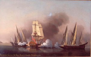 Blast Sloop ve iki İspanyol Privateers arasındaki Nişan by Samuel Scott