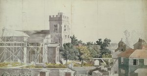 İskele altında Twickenham Kilisesi, 18. yüzyıl (kağıt üzerine tuvalet, kalem ve mürekkep) by Samuel Scott