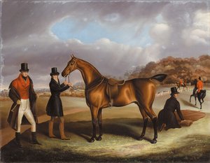 Lord George Bentinck, en sevdiği avcısı ve damatlarıyla, ötesinde bir avın olduğu bir manzarada