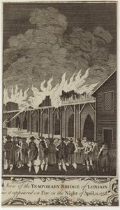 11 Nisan 1758 gecesi alevler içinde görünen geçici Londra köprüsünün görünümü by Samuel Wale