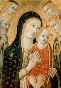 Aziz Jerome, İskenderiyeli Aziz Catherine ve iki Melek ile Bakire ve Çocuk, c1470 by Sano di Pietro