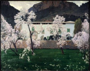 çiçek açan badem ağaçları by Santiago Rusiñol