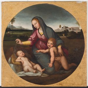 Madonna ve Çocuk, Genç St. John ile, 1500 dolayları (ahşap üzerine yağlıboya) by Sanzio of Urbino (follower of) Raphael