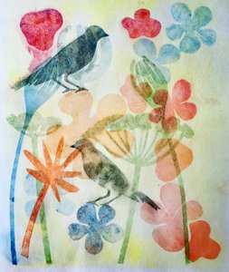 İki kuş ve çiçek,2019 (Mürekkep monoprint) by Sarah Thompson Engels