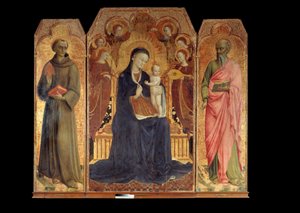 Bakire ve çocuk altı melekle çevrilidir. Çevrede: Padua Aziz Anthony (san antonio di padova) ve Aziz John the Evangelist. Stefano di Giovanni Sassetta