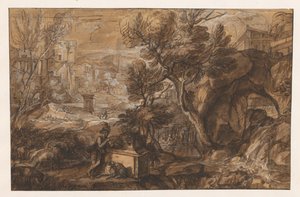 Antik bir lahitte bir çobanla manzara by Sébastien Bourdon (attributed to)