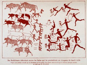 Boschimanlar, Hermon (Güney Afrika) yakınlarındaki bir mağaranın duvarlarına bir boschiman tarafından yapılan bir tablodan sonra kasalara karşı bir öküz sinek sürüsünü savunurlar.