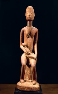Master of Red Maternity'den Anne ve Çocuğu tasvir eden ahşap heykel, yükseklik 59 cm, Dogon kabile sanatı Mali