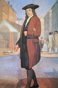 Genç bir Ben, kolunun altında ekmekle fakir ve aç olarak Philadelphia