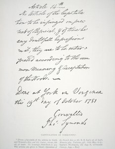 Lord Cornwallis tarafından imzalanan Yorktown Kapitülasyon Mektubu by School American
