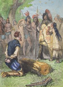 Pocahontas, John Smith'in hayatını kurtarıyor (renkli gravür)