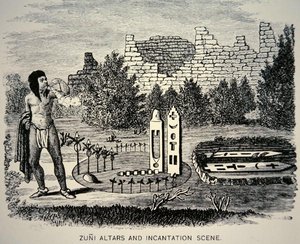 Zuni Kabilesi bir Pueblo tapınağının üzerine polen üflerken (gravür) by School American