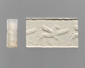 Silindir mühür ve modern izlenim: pençeli ve boynuzlu kanatlı at, MÖ 14-13. yüzyıl (kalsedon)
