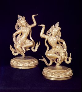Bodhisattva, bir çift Husante figürü by School Chinese