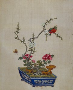 Çin sanatı: çiçekler ve kuşlar (bonzai). 18. yüzyıl ipek boyama. Paris, B.N. by School Chinese