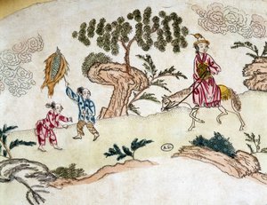 At sırtında asil kadın ve uçurtma oynayan çocuklar - 1800 dolaylarında Çin baskısı by School Chinese