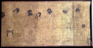 Saray Hanımları Boş Zaman Ellerinde Kaydırma, dışarı çıkmaya hazırlanan hanımların detayı, Wen-chu Chou (fl.970) Güney Sung dönemi, c.1140 (ipek üzerine mürekkep ve pigment) (ayrıca bkz. 114250) by School Chinese