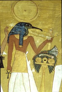 Antik Mısır, Duvar resmi Inherkhau#39;nun Mezarı, Thebes, Tanrı Thoth ölen kişiyi Osiris#39;le tanıştırıyor, 20. Hanedan, İbis ay diskiyle Tanrı#39;nın başına geçiyor (fotoğraf) by School Egyptian