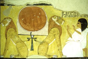 Antik Mısır, Duvar resmi Inherkhau#39;nun Mezarı, Thebes, iki aslana tapan Inherkhau, bugünün ve yarının koruyucuları, 20. Hanedan (fotoğraf) by School Egyptian