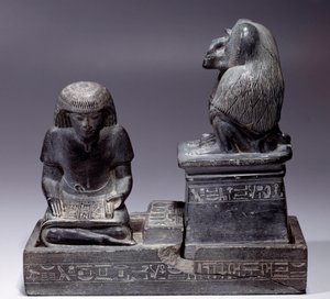 Mısırlı Antiquitis: Yazıcı Nebmertouf ve maymun Thot, kutsal yazıların tanrısı ve yazıcıların hamisi. Şeyl heykeli. Amenophis III Regne (1391-1353) by School Egyptian