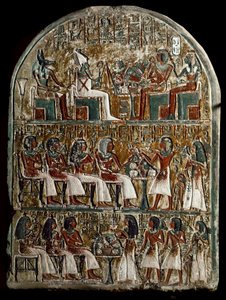 Mısır antik: Irynefer steli, tepede tanrılar Osiris ve Anubis, Amenophis I ve Ahmes Nefertari tanrısallara bakıyor; Irynefer merkezinde, karısı Mehytkhaty ve kızları Hathor, ebeveynlerine cenaze sunusunu yapar, alt Hathor yetişkin by School Egyptian