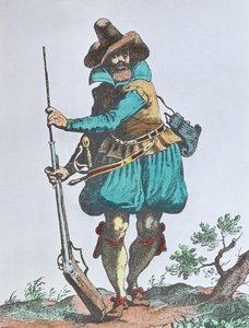 17. yüzyılın başlarındaki Alman askeri, kibritli tüfekle silahlanmış (renkli gravür)