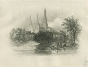 Lichfield Katedrali - Güney Batı Görünümü: gravür (vinyetli), nd [c 1842] (baskı) by School English