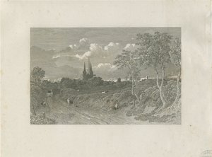 Lichfield Katedrali - Batı Görünümü (uzaktan): gravür ve [?18. yüzyıl] (baskı) by School English